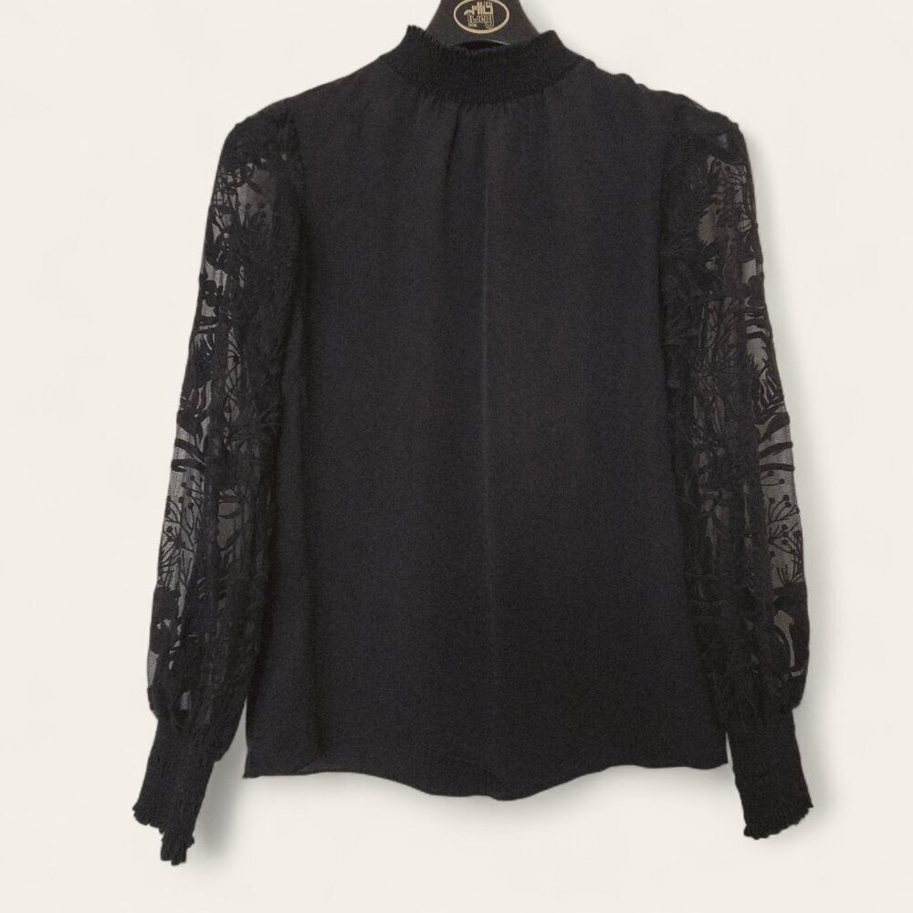Elie Tahari Black 100% Silk Blouse with Sheer Floral Lace Sleeves Size XS